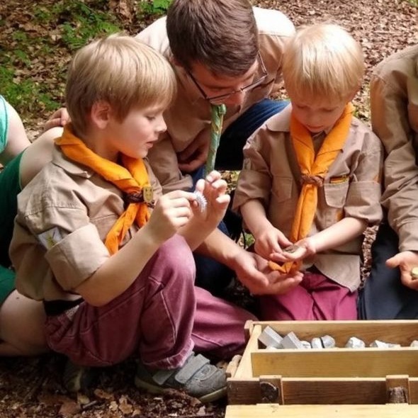 Meute Silberlöwe auf Schatzsuche Wölflinge untersuchen den Inhalt der Schatzkiste.